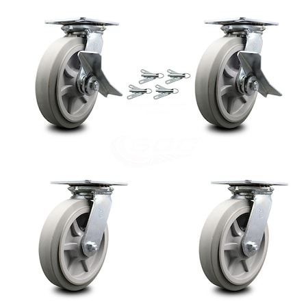 Service Caster 8 Inch Thermoplastic Caster Set with Ball Bearing 4 Swivel Lock and 2 Brake SCC SCC-35S820-TPRBF-SLB-BSL-2-BSL-2